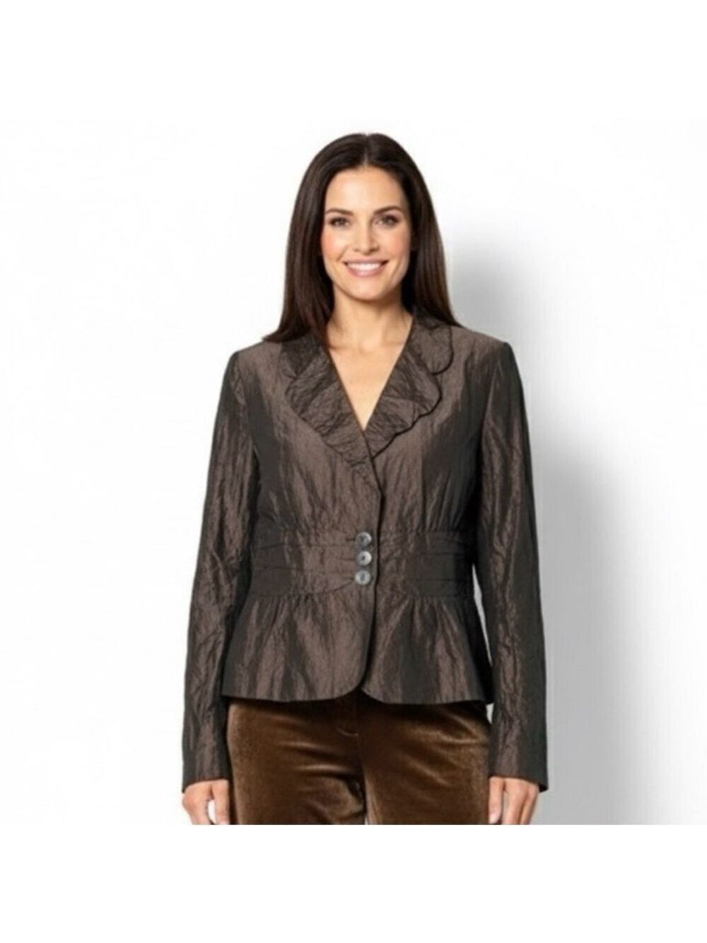 IRIS SETLAKWE Brown Fully Lined Peplum Crinkle Blazer MADE IN CANADA 🇨🇦 Sz 12